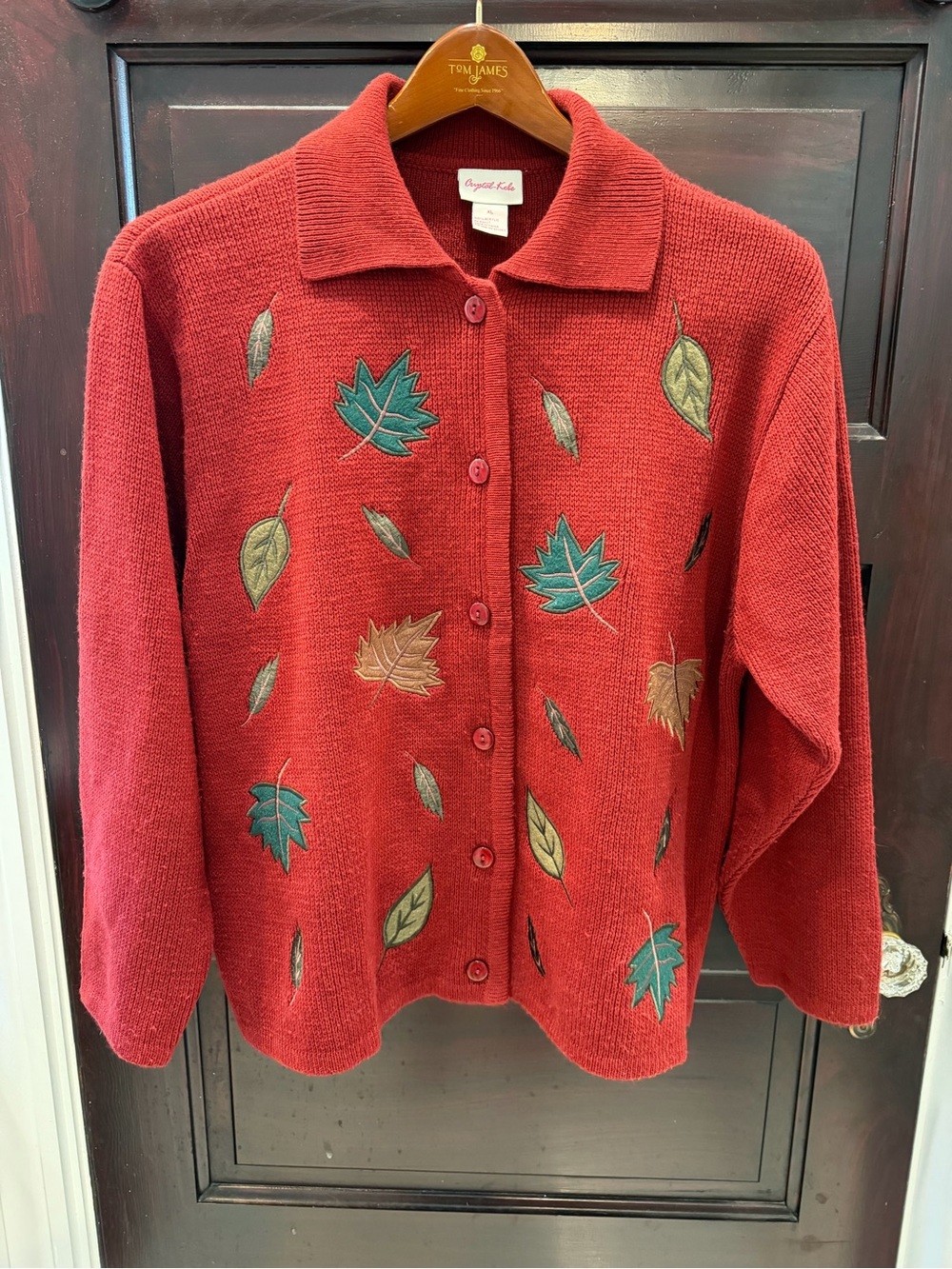 Fall Autumn Red Appliqué Leaf Button-Front Cardigan Sweater by Crystal-Kobe